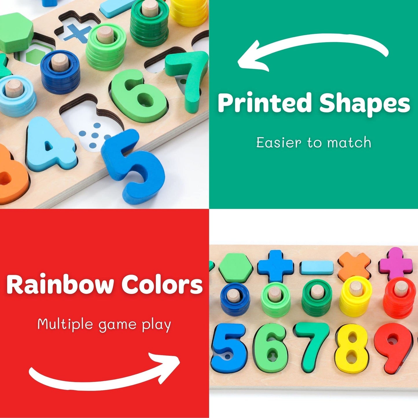 Wooden Montessori Toys for Kids Toddler Number Puzzles Sorter Counting Shape Stacker Stacking Game Preschool Toys for Boy Girl Learning Education Math Blocks 1 Year Old Girl Gifts (Rainbow)