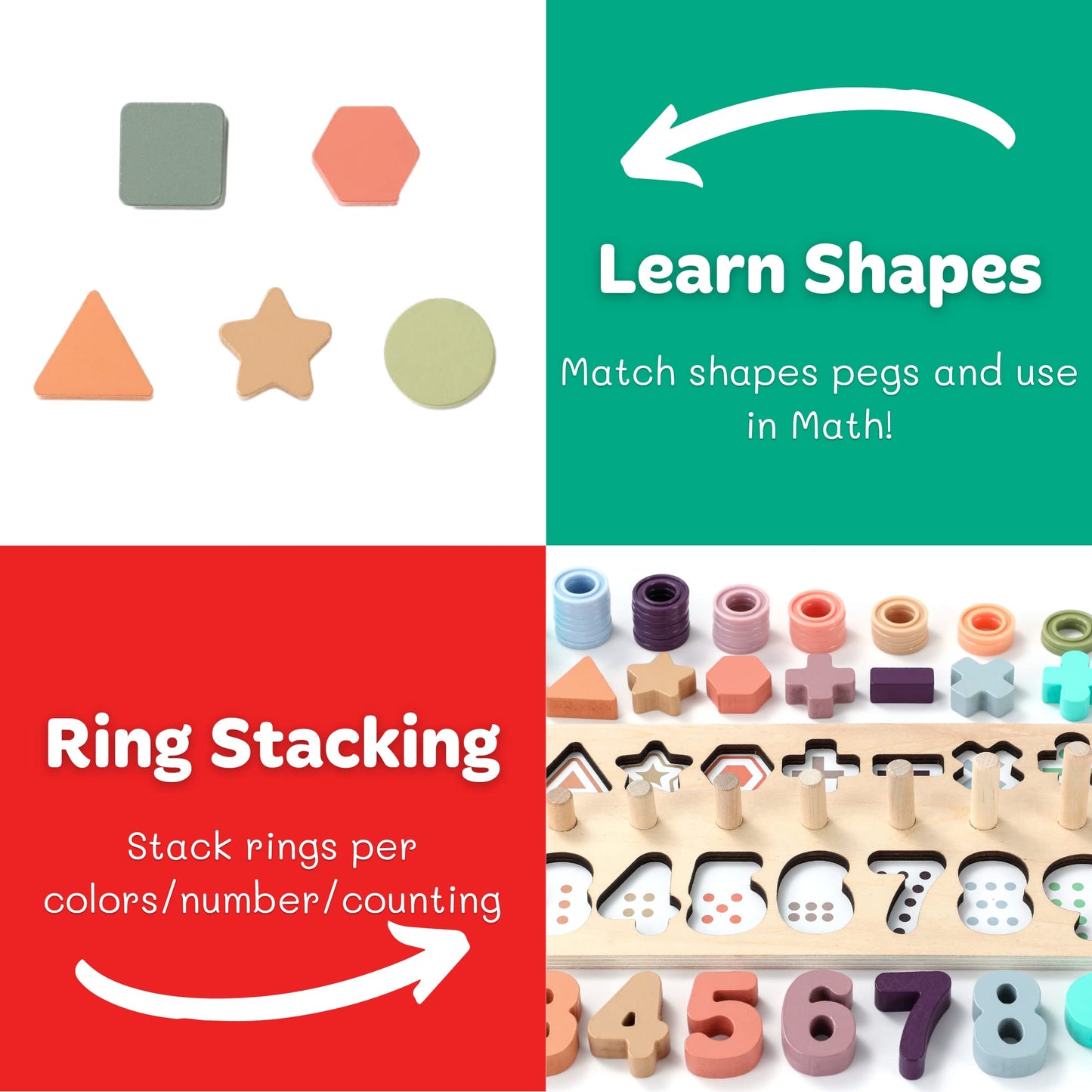 Wooden Montessori Toys for Kids Toddler Number Puzzles Sorter Counting Shape Stacker Stacking Game Preschool Toys for Boy Girl Learning Education Math Blocks 1 Year Old Girl Gifts (Rainbow)