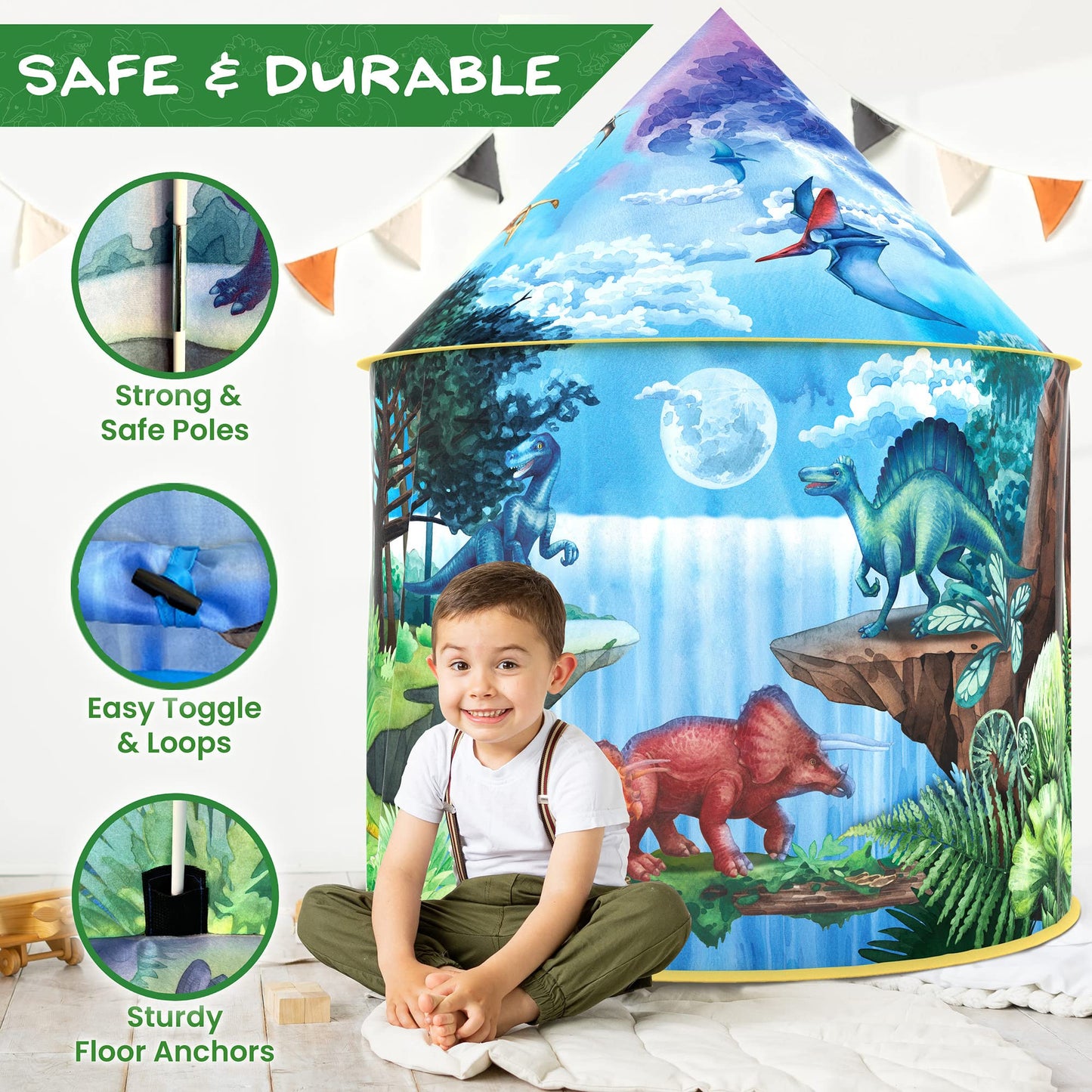 W&O Dino Paradise Play Tent with Roar Button - Epic Pop Up Tent for Boys & Girls - Perfect for Indoor & Outdoor Adventures