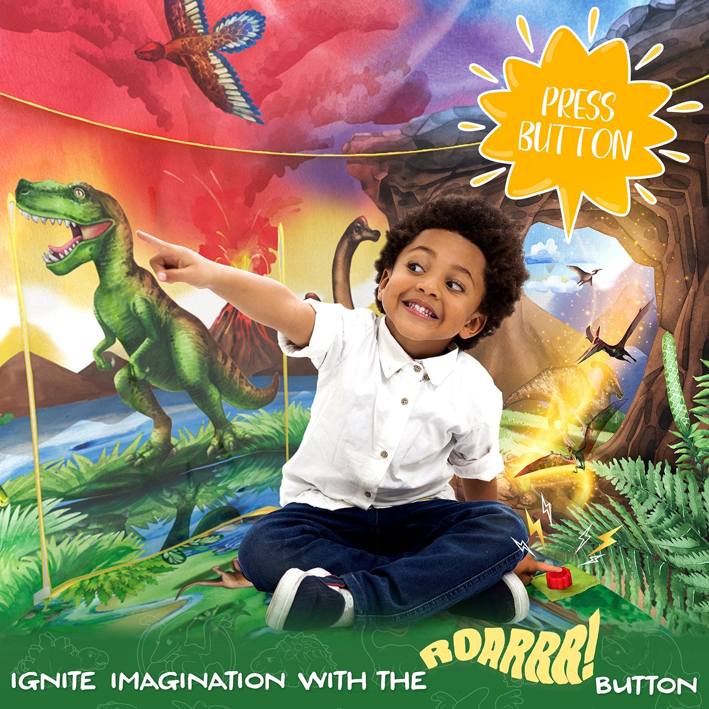 W&O Dino Paradise Play Tent with Roar Button - Epic Pop Up Tent for Boys & Girls - Perfect for Indoor & Outdoor Adventures