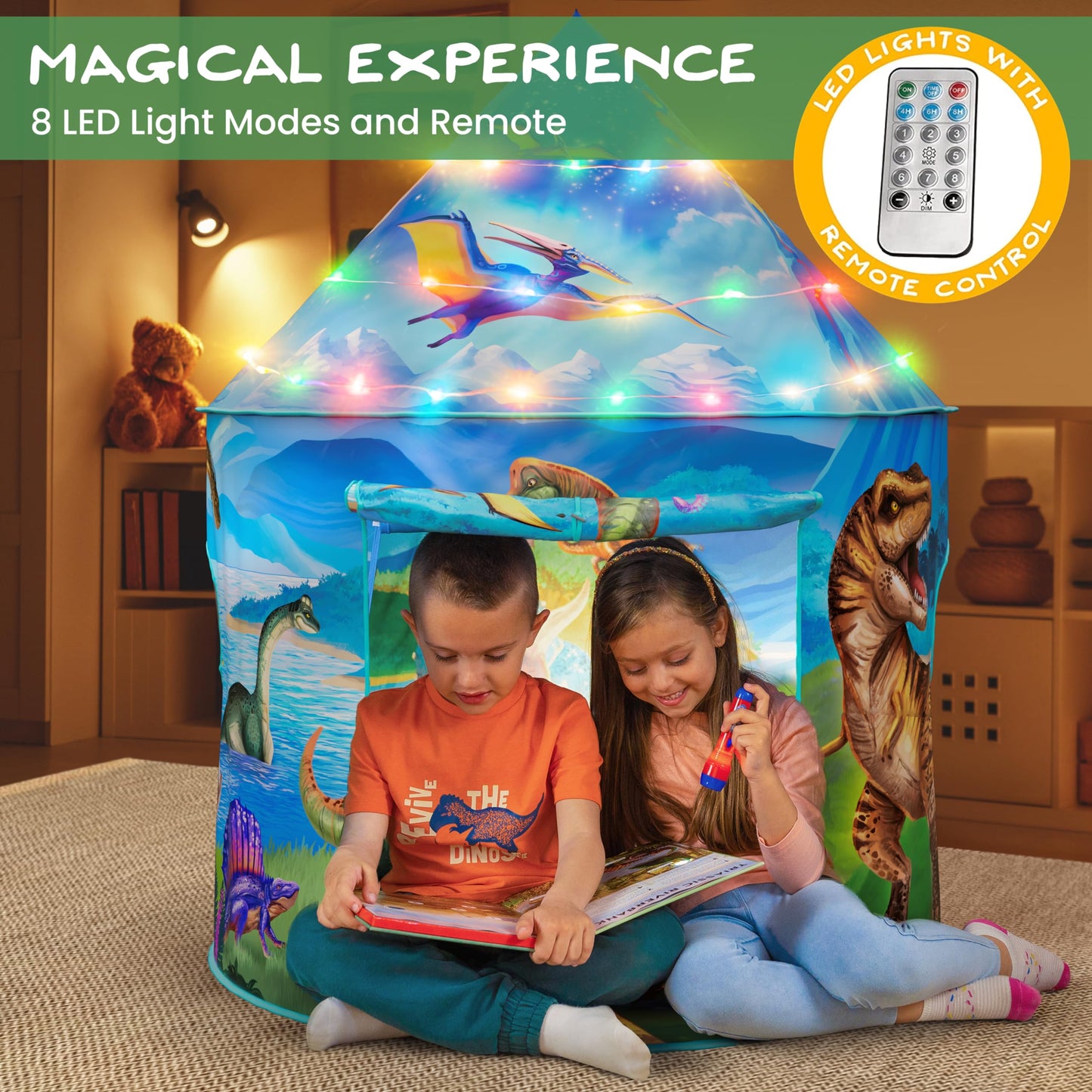 W&O Dino Paradise Play Tent with Roar Button - Epic Pop Up Tent for Boys & Girls - Perfect for Indoor & Outdoor Adventures