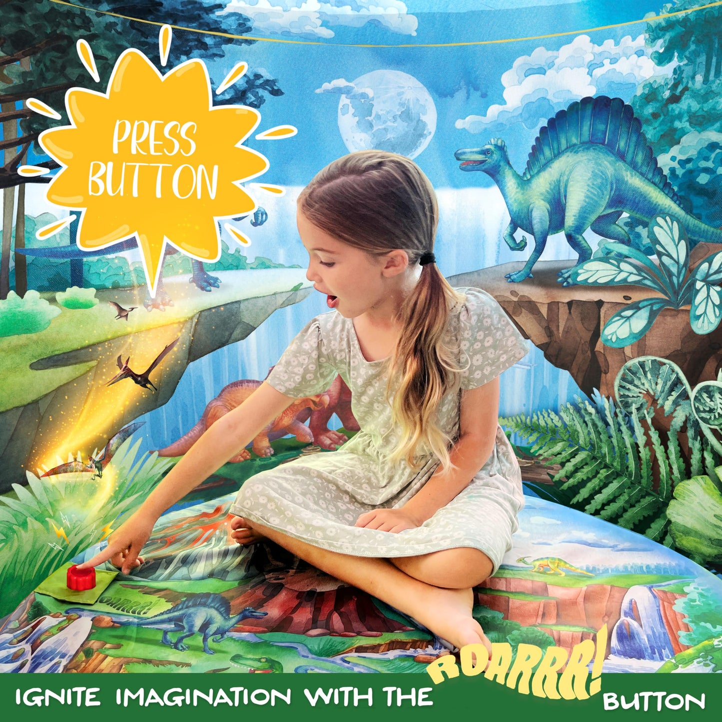 W&O Dino Paradise Play Tent with Roar Button - Epic Pop Up Tent for Boys & Girls - Perfect for Indoor & Outdoor Adventures