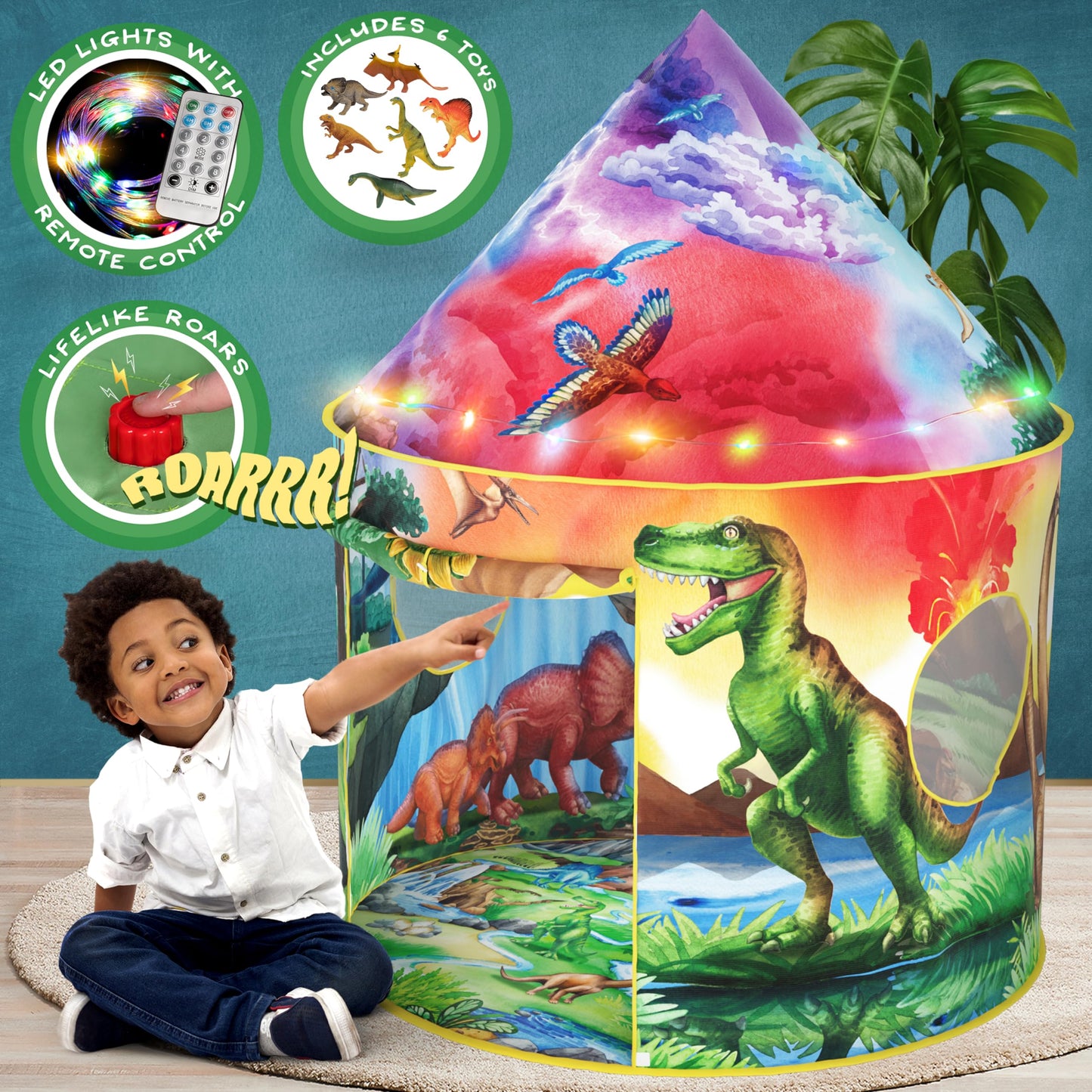 W&O Dino Paradise Play Tent with Roar Button - Epic Pop Up Tent for Boys & Girls - Perfect for Indoor & Outdoor Adventures