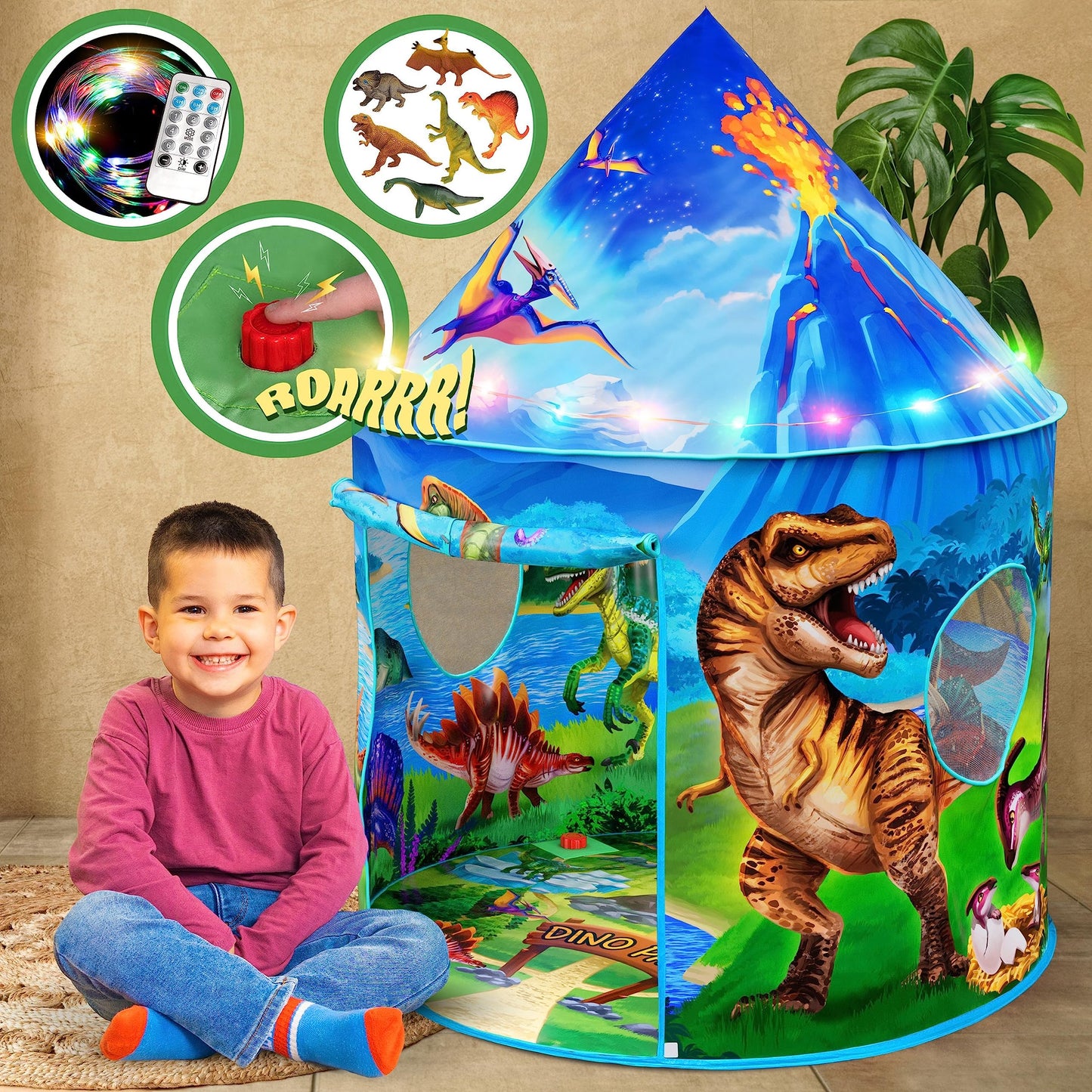 W&O Dino Paradise Play Tent with Roar Button - Epic Pop Up Tent for Boys & Girls - Perfect for Indoor & Outdoor Adventures