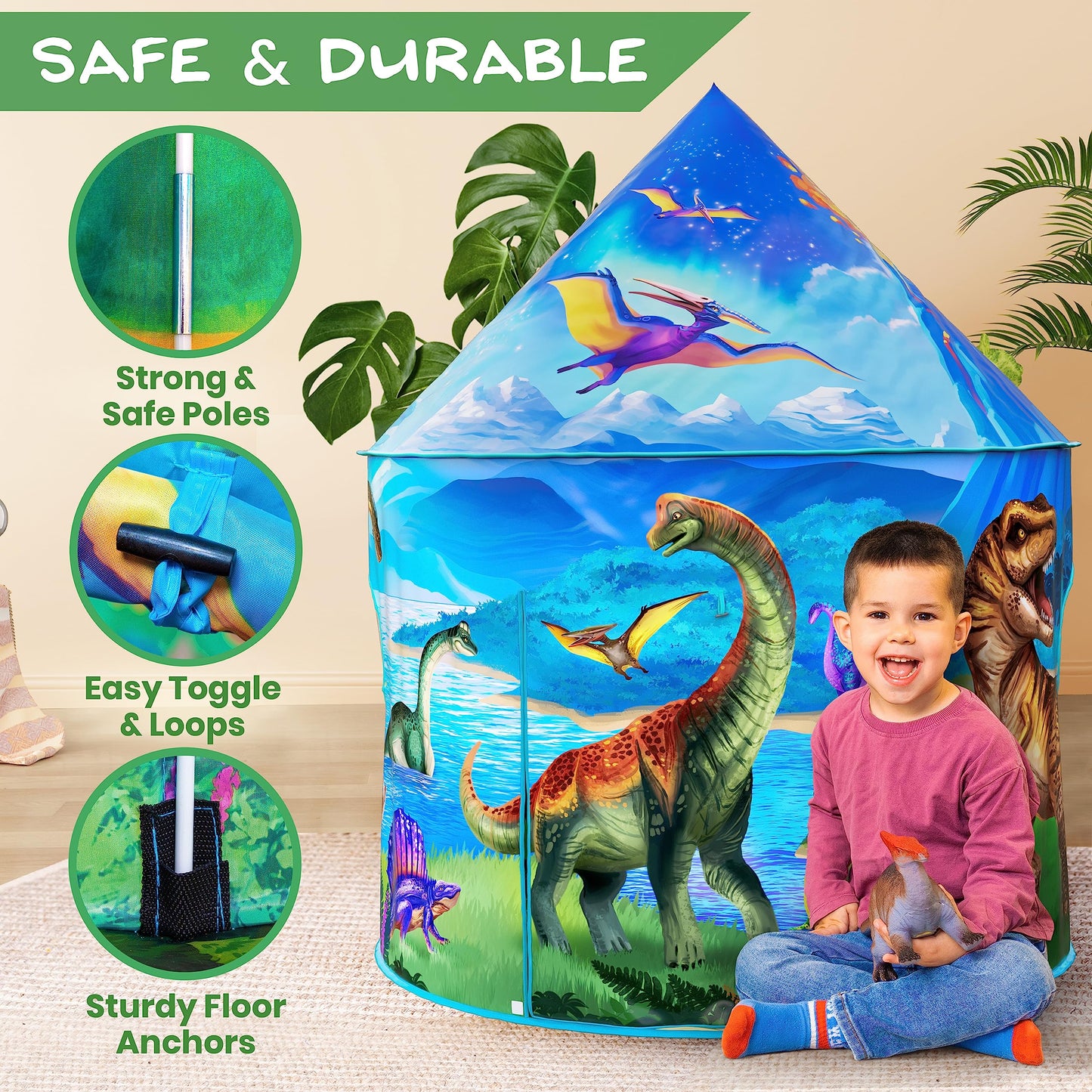 W&O Dino Paradise Play Tent with Roar Button - Epic Pop Up Tent for Boys & Girls - Perfect for Indoor & Outdoor Adventures