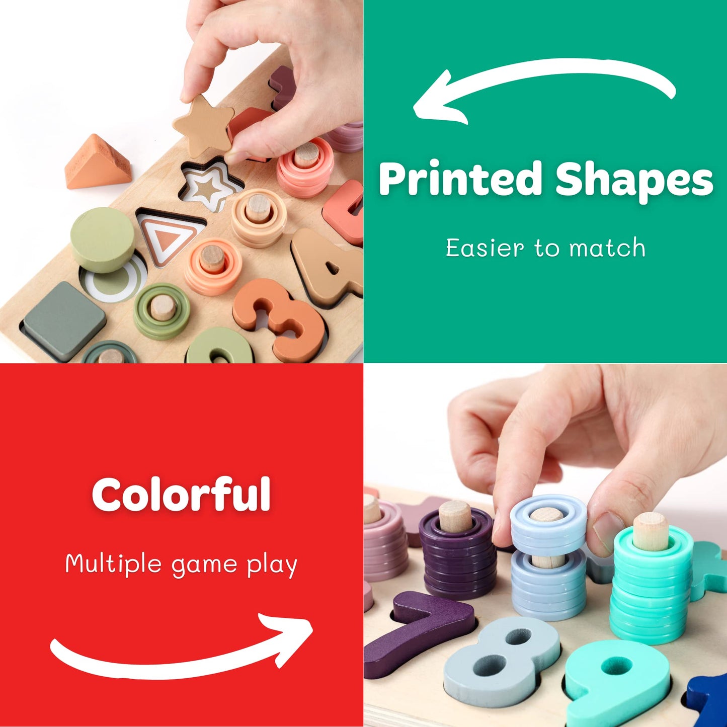 Wooden Montessori Toys for Kids Toddler Number Puzzles Sorter Counting Shape Stacker Stacking Game Preschool Toys for Boy Girl Learning Education Math Blocks 1 Year Old Girl Gifts (Rainbow)