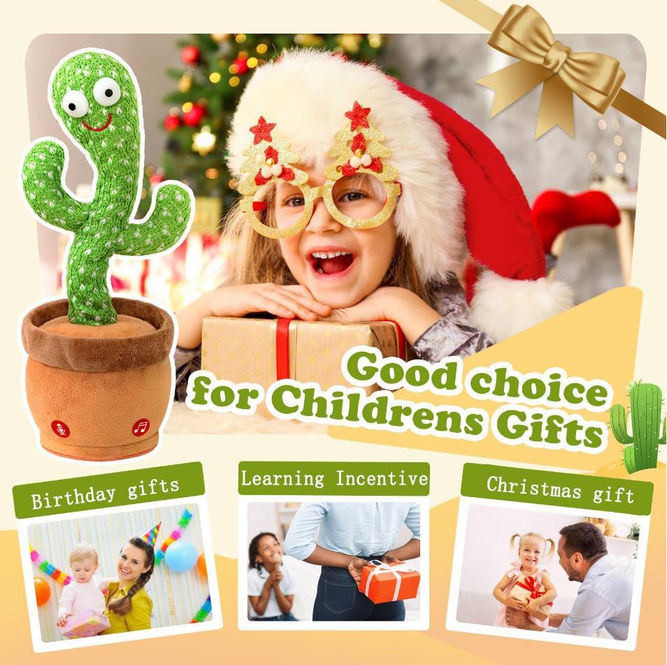 Interactive Talking Dancing Cactus Toy Mimics Sounds, Plays 120 Songs, USB Rechargeable, Soft Plush, LED Lights, Baby Gift for Boys Girls