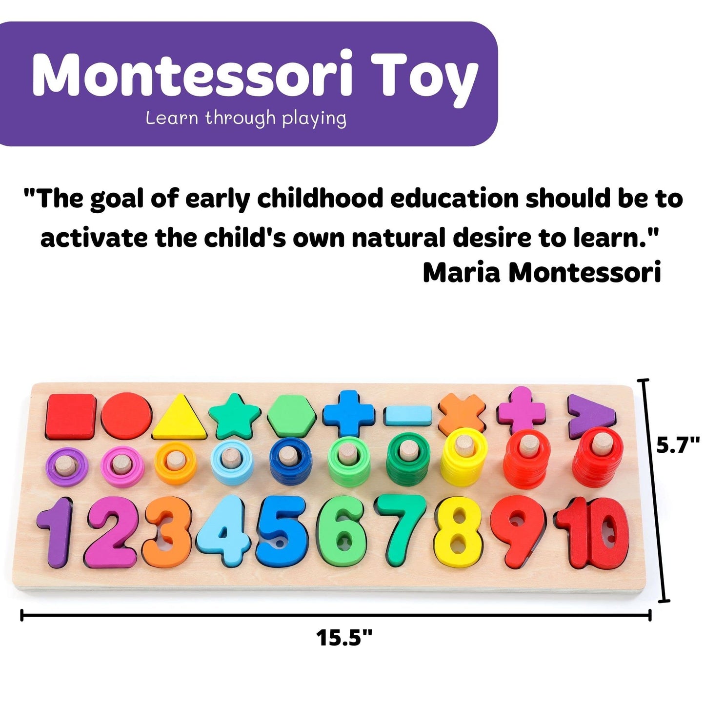 Wooden Montessori Toys for Kids Toddler Number Puzzles Sorter Counting Shape Stacker Stacking Game Preschool Toys for Boy Girl Learning Education Math Blocks 1 Year Old Girl Gifts (Rainbow)