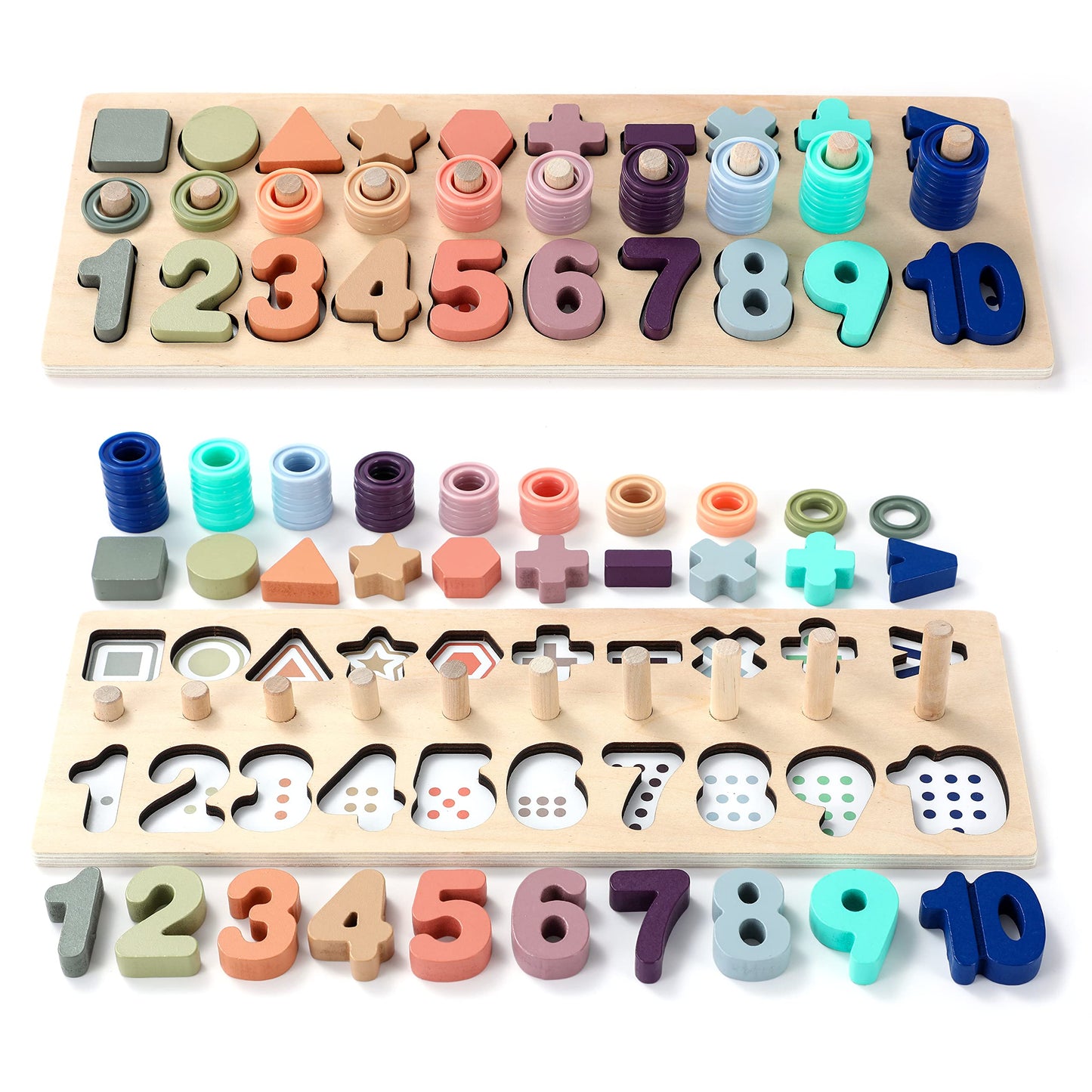 Wooden Montessori Toys for Kids Toddler Number Puzzles Sorter Counting Shape Stacker Stacking Game Preschool Toys for Boy Girl Learning Education Math Blocks 1 Year Old Girl Gifts (Rainbow)