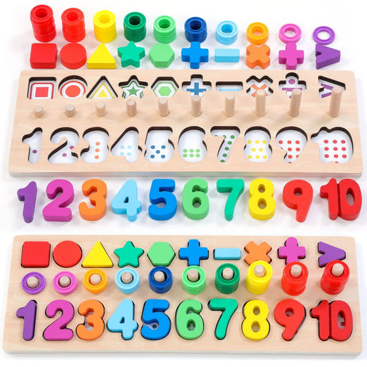 Wooden Montessori Toys for Kids Toddler Number Puzzles Sorter Counting Shape Stacker Stacking Game Preschool Toys for Boy Girl Learning Education Math Blocks 1 Year Old Girl Gifts (Rainbow)