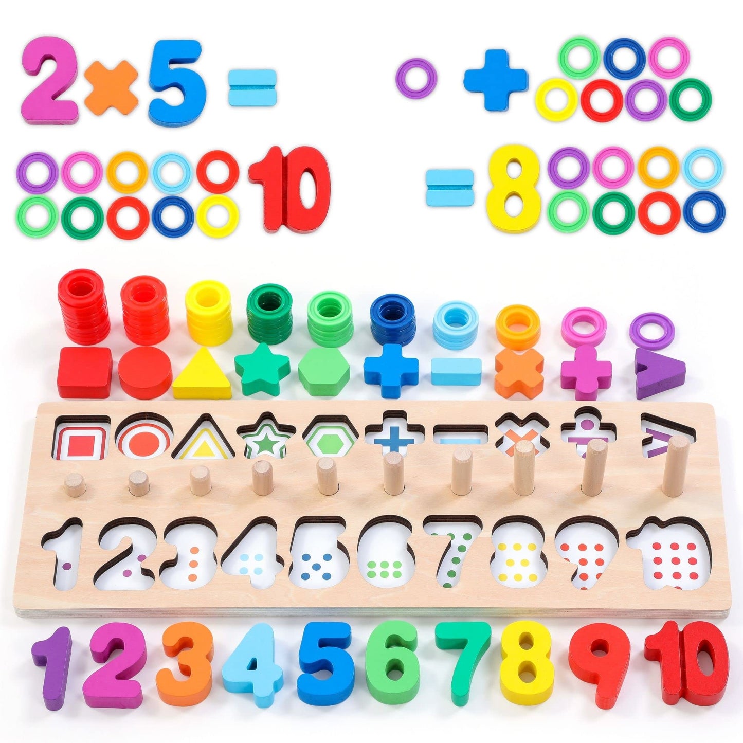 Wooden Montessori Toys for Kids Toddler Number Puzzles Sorter Counting Shape Stacker Stacking Game Preschool Toys for Boy Girl Learning Education Math Blocks 1 Year Old Girl Gifts (Rainbow)