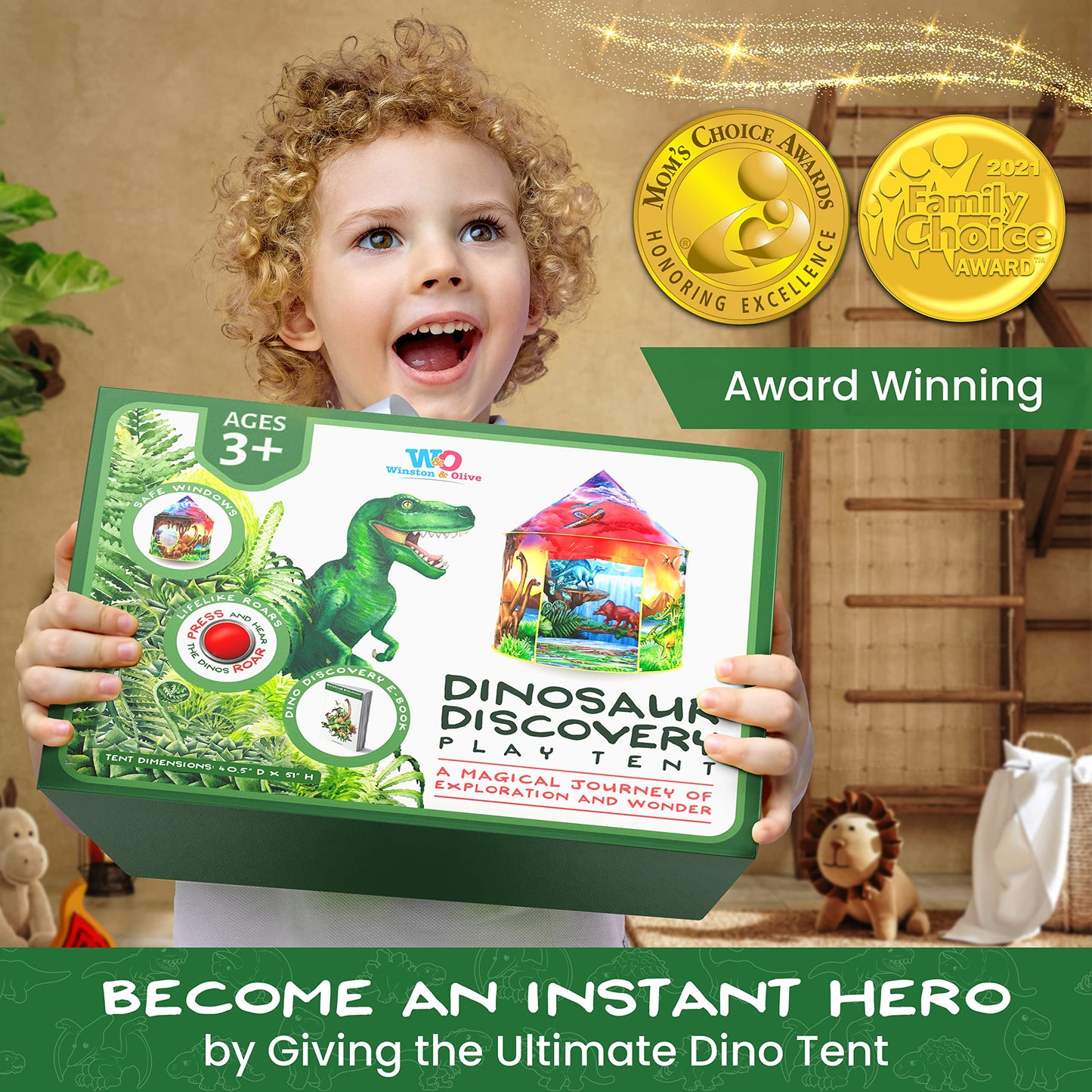 W&O Dino Paradise Play Tent with Roar Button - Epic Pop Up Tent for Boys & Girls - Perfect for Indoor & Outdoor Adventures
