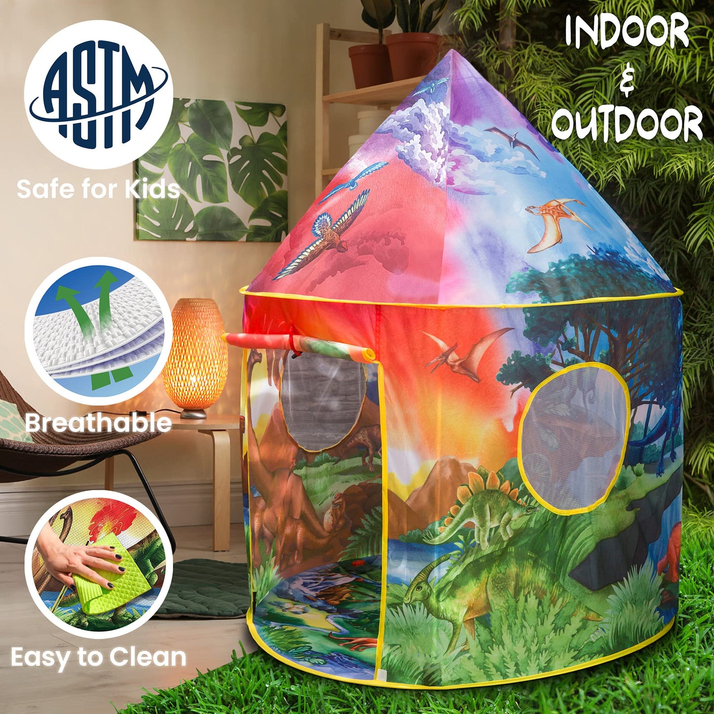 W&O Dino Paradise Play Tent with Roar Button - Epic Pop Up Tent for Boys & Girls - Perfect for Indoor & Outdoor Adventures