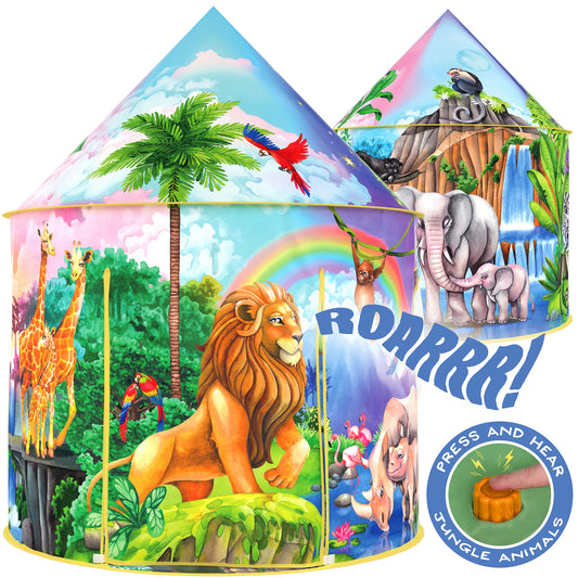W&O Dino Paradise Play Tent with Roar Button - Epic Pop Up Tent for Boys & Girls - Perfect for Indoor & Outdoor Adventures