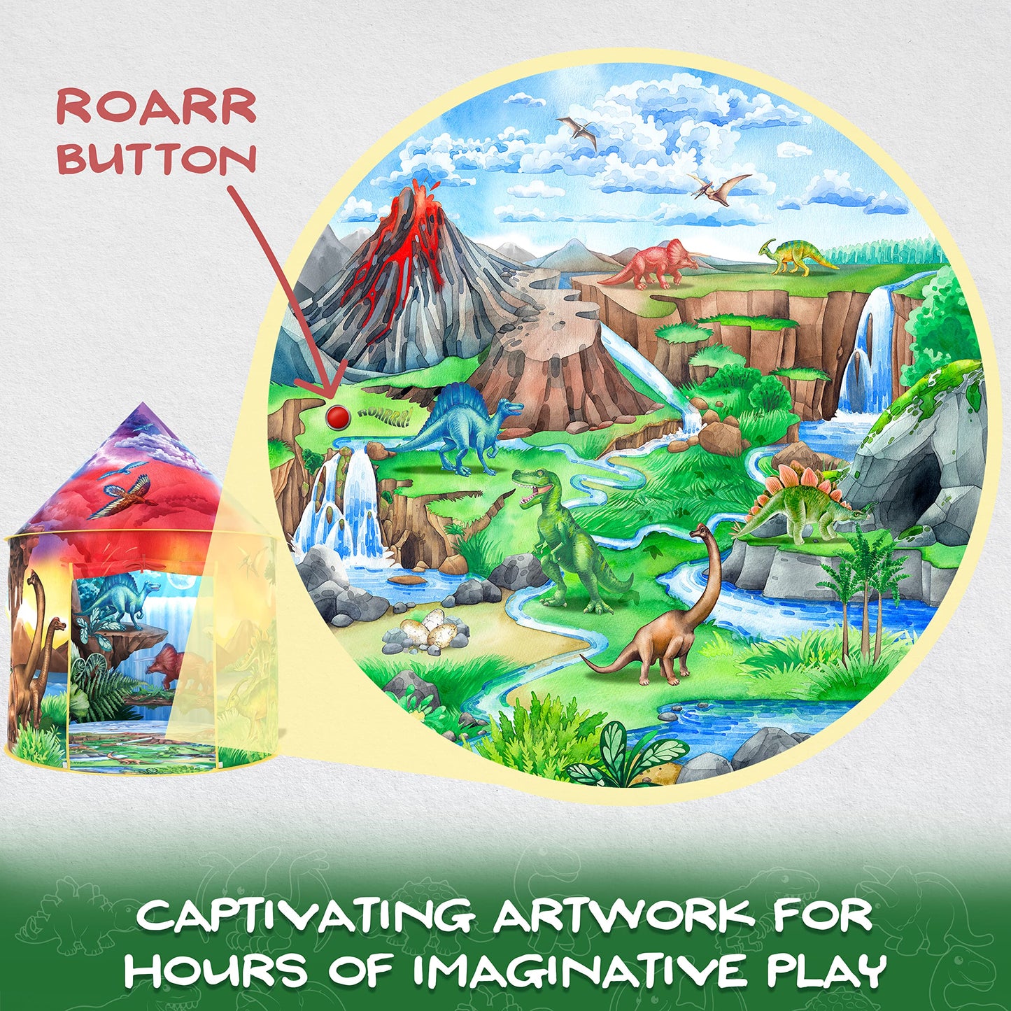 W&O Dino Paradise Play Tent with Roar Button - Epic Pop Up Tent for Boys & Girls - Perfect for Indoor & Outdoor Adventures